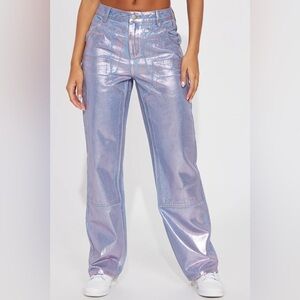 Big Time Magic Metallic Coated Straight Leg Jeans - Pink size 14